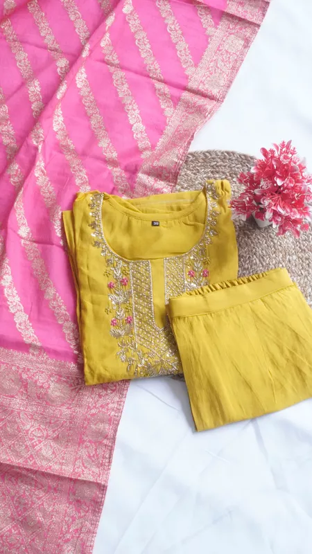 3PCS Fancy Function Wear Set – Mustard with Pink Banaras Dupatta