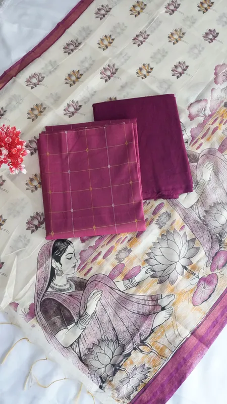 Raw Silk with Contrast Kalamkari Printed Dupatta