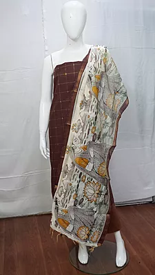 Raw Silk with Contrast Kalamkari Printed Dupatta
