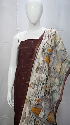 Raw Silk with Contrast Kalamkari Printed Dupatta