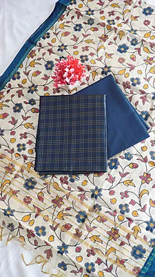 Raw Silk with Kalamkari Printed Dupatta (Design 2)