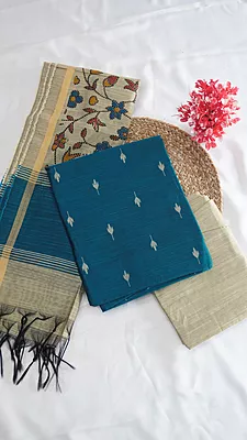 Raw Silk with Kalamkari Printed Dupatta (Design 3)