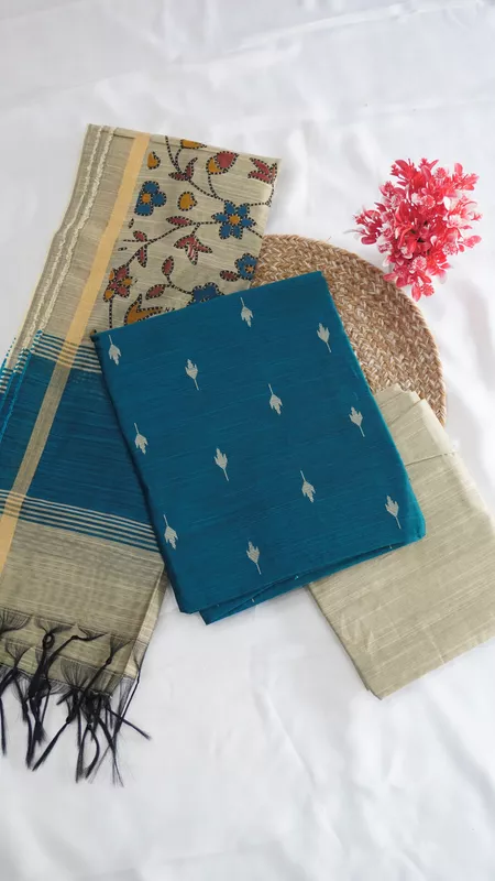 Raw Silk with Kalamkari Printed Dupatta (Design 3)