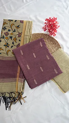 Raw Silk with Kalamkari Printed Dupatta (Design 3)