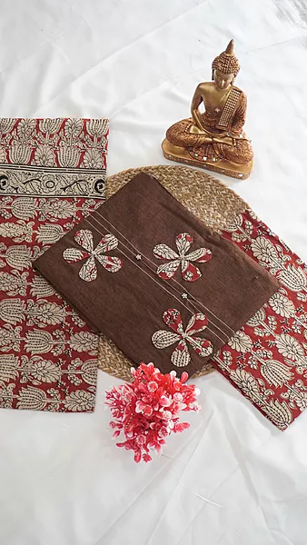 Pure Cotton Contrast Kalamkari Dupatta Set with Applique Work