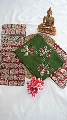 Pure Cotton Contrast Kalamkari Dupatta Set with Applique Work