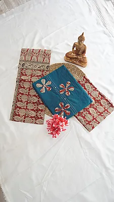 Pure Cotton Contrast Kalamkari Dupatta Set with Applique Work