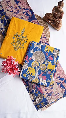 Pure Cotton with Contrast Kalamkari Bottom & Dupatta
