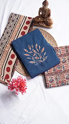 Pure Cotton with Contrast Kalamkari Bottom & Dupatta with Applique Work