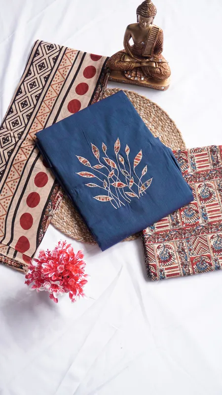 Pure Cotton with Contrast Kalamkari Bottom & Dupatta with Applique Work