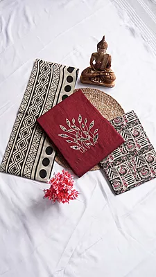 Pure Cotton with Contrast Kalamkari Bottom & Dupatta with Applique Work