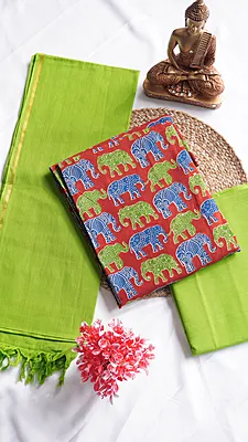 Pure Cotton Kalamkari Print with Contrast Bottom & Dupatta