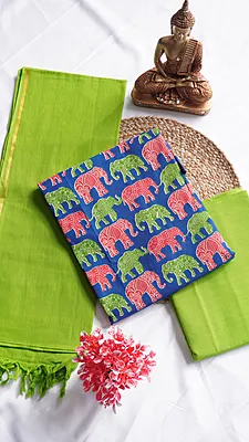Pure Cotton Kalamkari Print with Contrast Bottom & Dupatta
