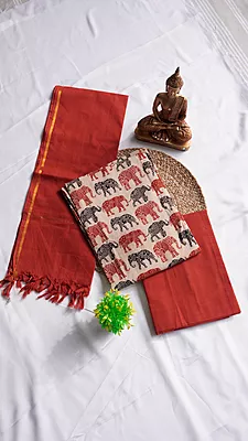 Pure Cotton Kalamkari Print with Contrast Bottom & Dupatta