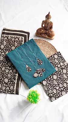 Pure Cotton with Kalamkari Bottom & Dupatta with Applique Work