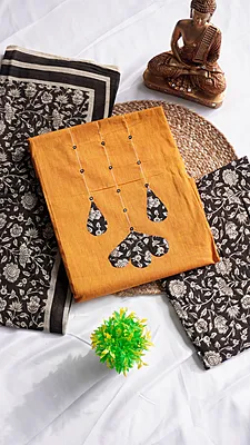 Pure Cotton with Kalamkari Bottom & Dupatta with Applique Work
