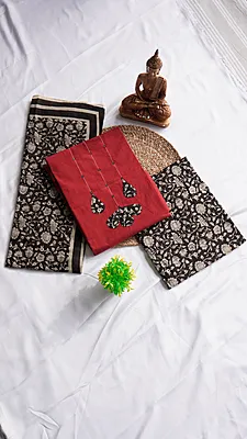 Pure Cotton with Kalamkari Bottom & Dupatta with Applique Work