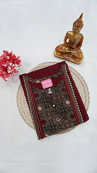 Cotton Fancy Kurti – Dark Maroon with Black