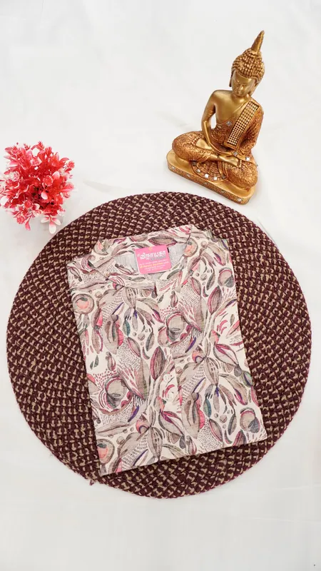 Linen Cotton Regular Collar Kurti – Cream Multicolour