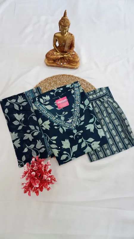 Cotton Regular 3-Piece Set – Rani Pink, Black & Peacock Blue