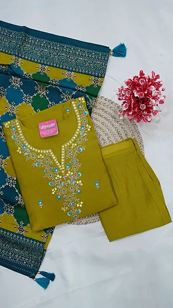 3-Piece Function Wear Neck Embroidery Set with Lining – Mehendi Green