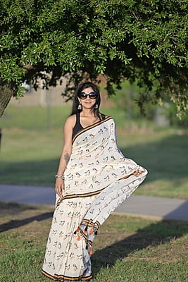Ivory color Penguin hand Block printed saree