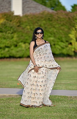 Ivory color Penguin hand Block printed saree
