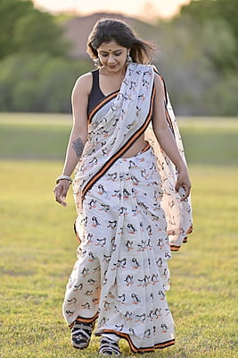 Ivory color Penguin hand Block printed saree