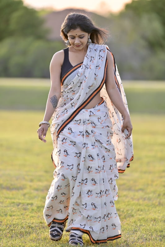 Ivory color Penguin hand Block printed saree