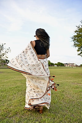 Ivory color Penguin hand Block printed saree