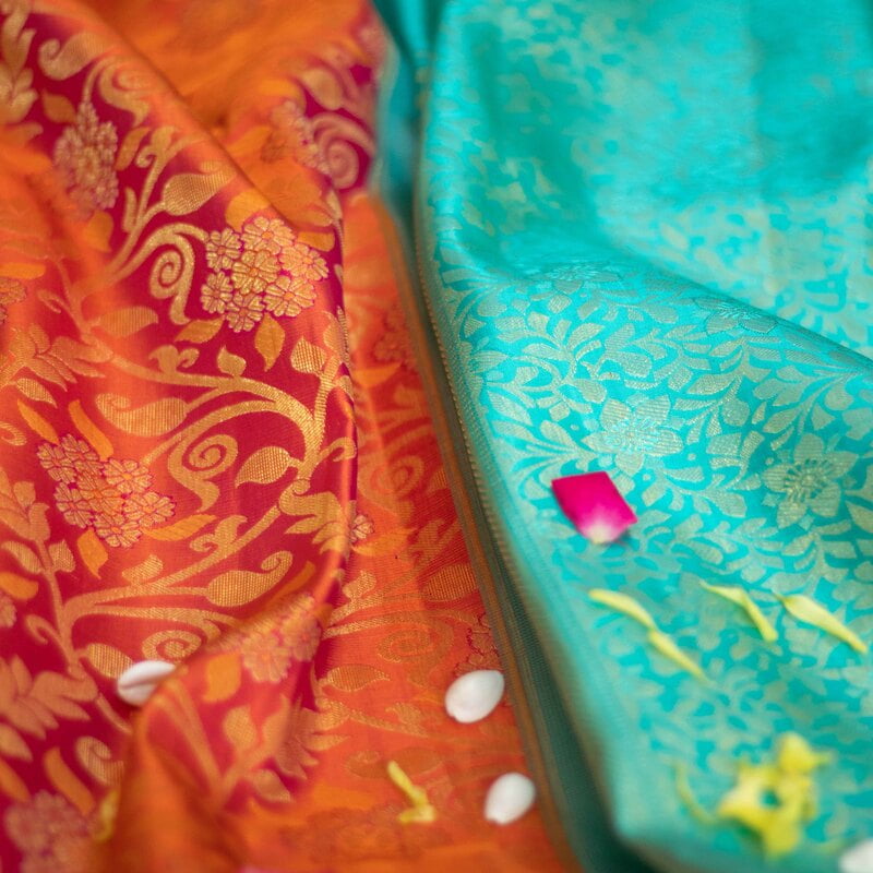 Sunset Peach Kanchipuram with Teal Green