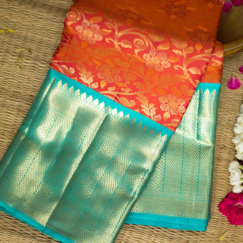 Sunset Peach Kanchipuram with Teal Green