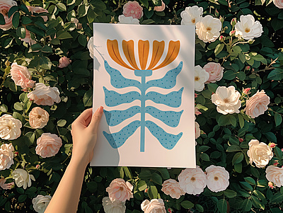 Blue Orange Floral Poster I Abstract Botanical Art