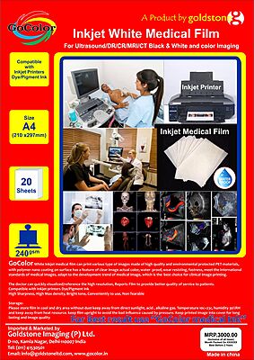 Inkjet Medical WHITE Film A4x100 sheets  for CT / MRI / Imaging SIZE:210 mm x 297 mm