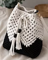 Black & White Macrame Bucket Bag with Tassels & Gold Hardware