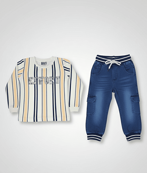 LittleToons Kids Boys 2-Piece Striped Cotton Top & Denim-Look Jogger Set