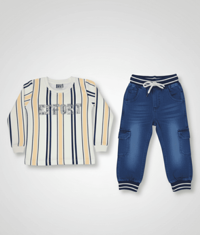 LittleToons Kids Boys 2-Piece Striped Cotton Top & Denim-Look Jogger Set
