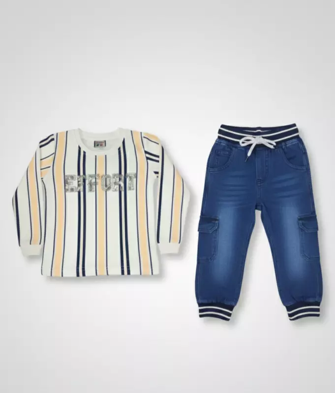 LittleToons Kids Boys 2-Piece Striped Cotton Top & Denim-Look Jogger Set