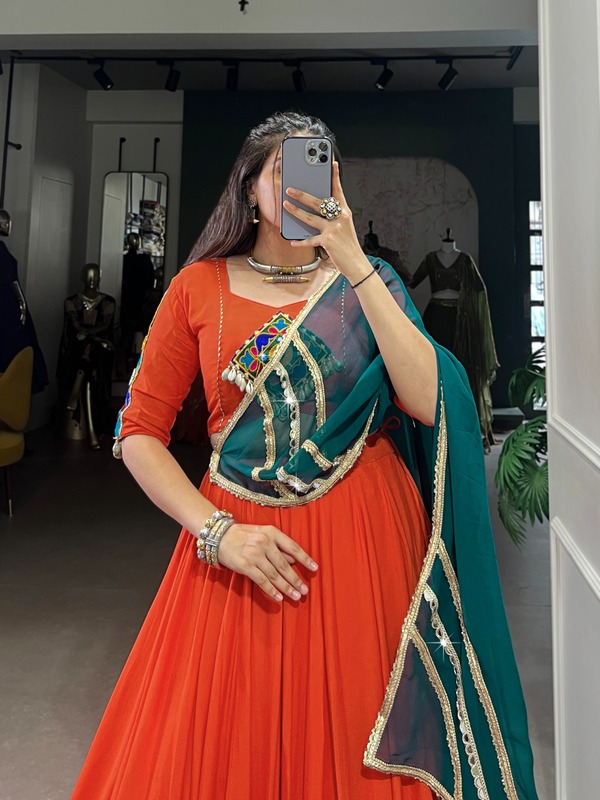 "Orange Mirror Work Lehenga Choli with Green Dupatta" D.B.38