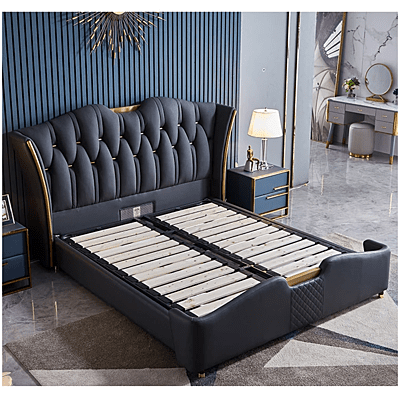 Vikinterio Luxury White Leather Bed, King Size Bed Frame, Bed Room Furniture