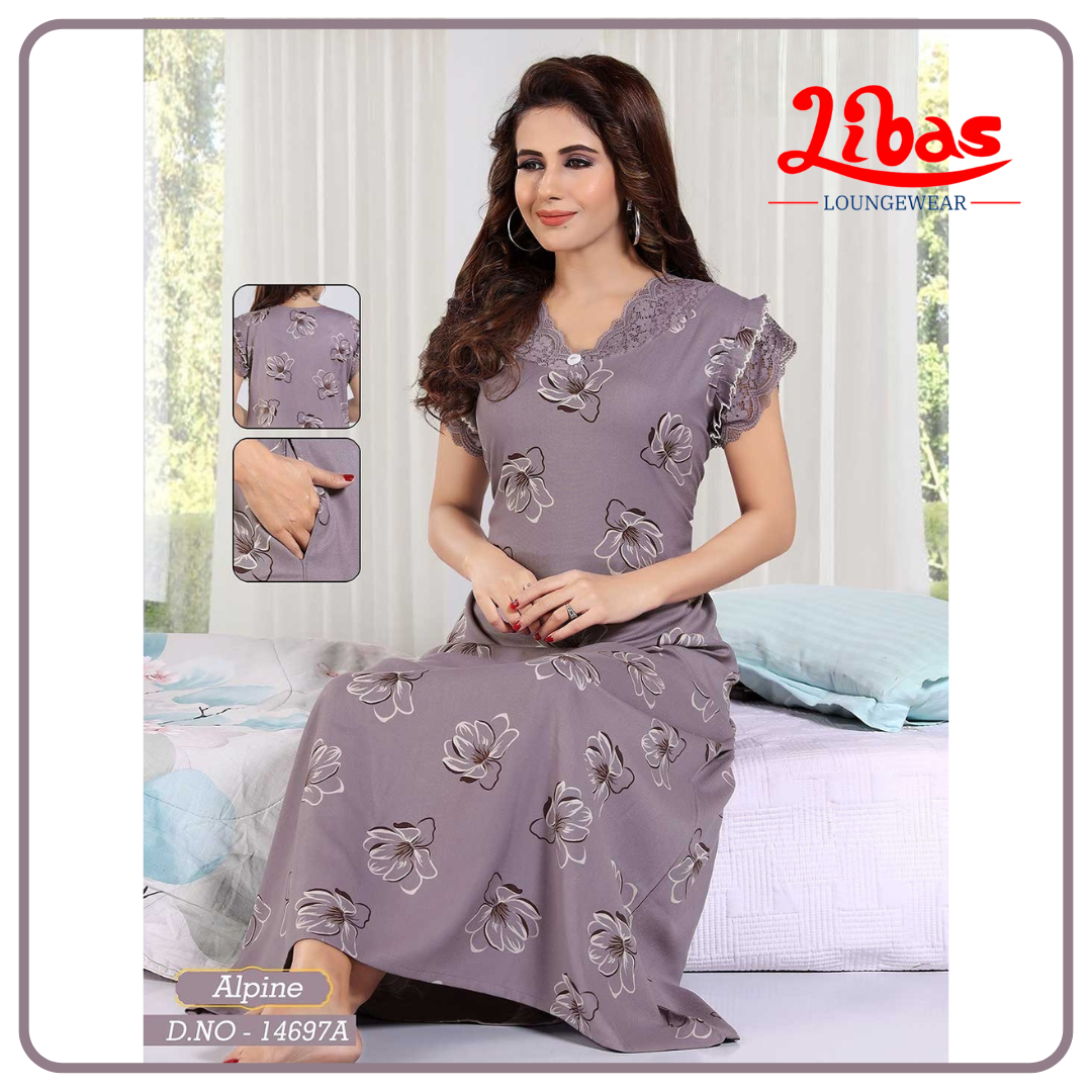 Garden Plum Spun Cotton Nighty With Flower Print All Over From Libas Loungewear - AL1120