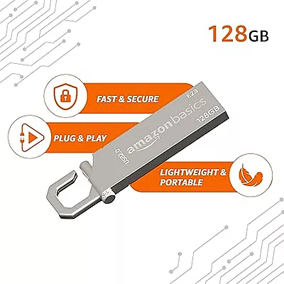 Amazon Basics 128 GB USB 2.0 Pen Drive |Flash Drive | with Key Ring (Metal)