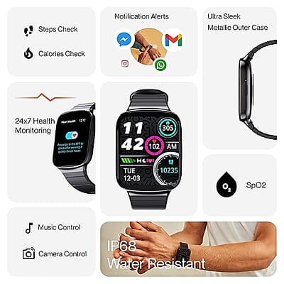 Ambrane Edge Smartwatch with 500 Nits Brightness (4.2cm) Full-Touch LucidDisplay™, Real-Time Health Monitoring, SpO2, Heart Rate, Stress Tracking, Multiple Sports Modes & 7-Day Battery (Raven Black)