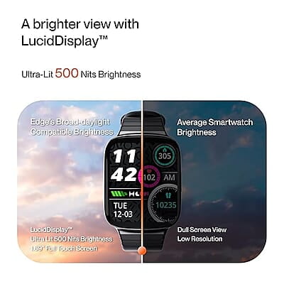 Ambrane Edge Smartwatch with 500 Nits Brightness (4.2cm) Full-Touch LucidDisplay™, Real-Time Health Monitoring, SpO2, Heart Rate, Stress Tracking, Multiple Sports Modes & 7-Day Battery (Raven Black)