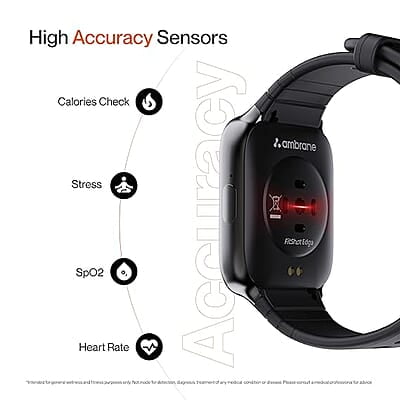 Ambrane Edge Smartwatch with 500 Nits Brightness (4.2cm) Full-Touch LucidDisplay™, Real-Time Health Monitoring, SpO2, Heart Rate, Stress Tracking, Multiple Sports Modes & 7-Day Battery (Raven Black)
