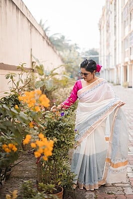 White and light ink blue hand blocked saree