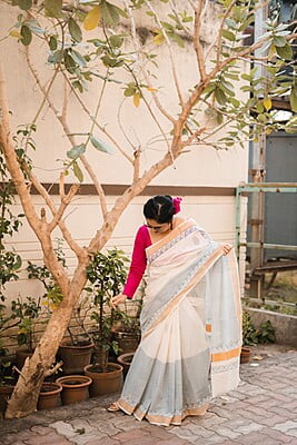 White and light ink blue hand blocked saree