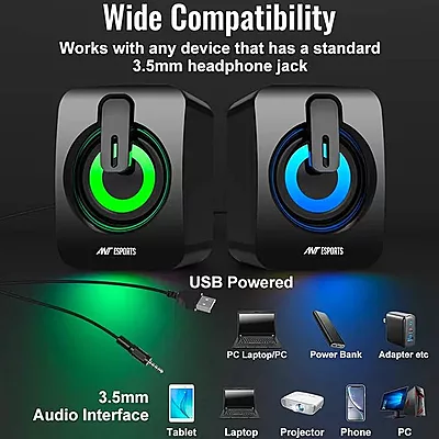 Ant Esports GS170 Gaming Speaker for PC, Stereo 2.0 USB Powered Desktop Speaker with 3.5 mm Aux-in, in-line Volume Control, RGB LED Lights Mini Multim