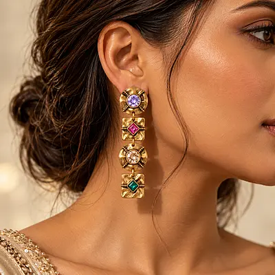 Aurexis Multicolour Antique Gold Geometric Drop Earrings