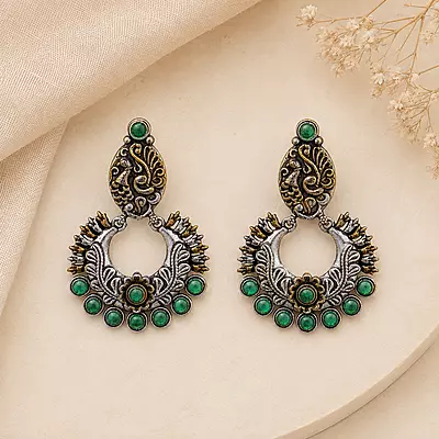 Aaranya Peacock Green Stone Oxidised Chandbali Earrings